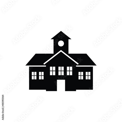 a simple black silhouette of a classic school building with a central tower and multiple windows is presented on a white