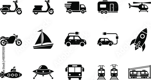 Transport vehicle silhouette set featuring delivery truck, electric car, scooter, motorcycle, helicopter, sailboat, rocket, submarine, bus, and public transit icons.