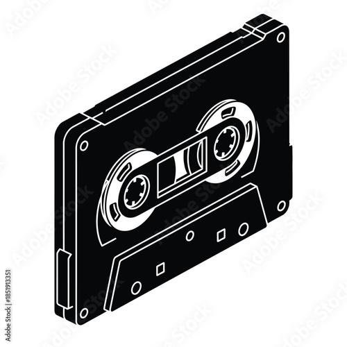 a simple black and white illustration depicts an isometric view of a classic audio cassette tape showcasing its design high quality professional