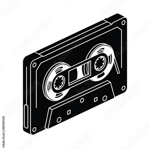 a detailed black and white isometric illustration of a vintage audio cassette tape showcasing its mechanical components and retro aesthetic high quality