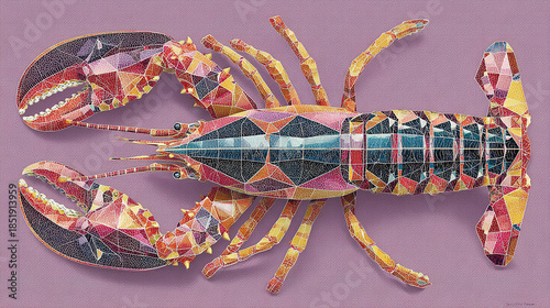 Mosaic art of a lobster created from colorful geometric tiles.