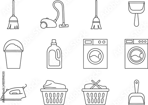 Cleaning supplies and household appliances icon set