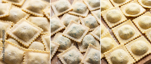 Image divided into three parts showing ravioli pasta. Healthy Eating Day