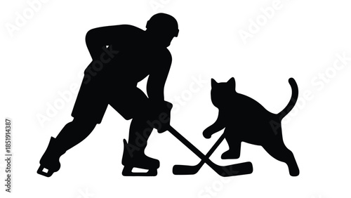 Hockey player and cat playfully compete with crossed sticks