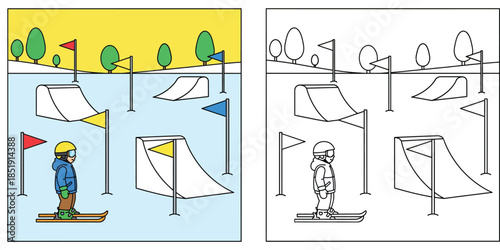Coloring book page for kids with skier in winter park vector illustration