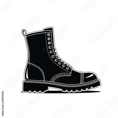 a detailed illustration showcases a single black combat boot with prominent laces and a thick sole high quality professional modern elegant stylish