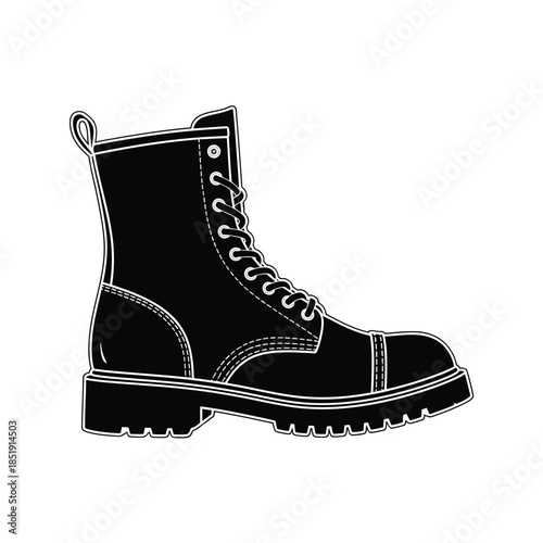 a detailed black and white illustration showcases a classic leather combat boot with laces and a thick sole high quality professional modern