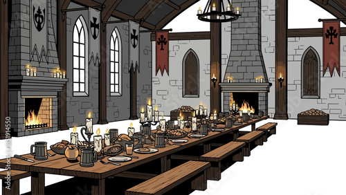 Medievalstyle hall set for a feast with long tables candles and large fireplaces
