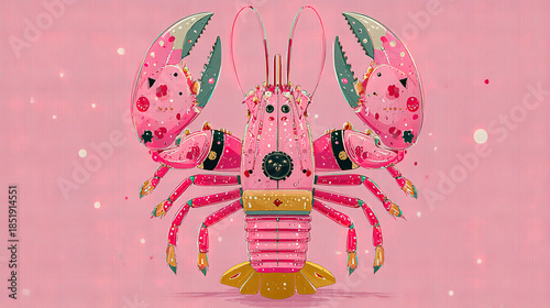 Decorative lobster sculpture with pink and gold details on a pink background.