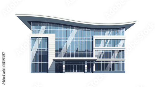 Modern commercial building facade with curved roof and extensive glass curtain wall