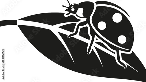 Stylized ladybug on leaf in bold black and white illustration