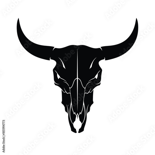 a striking black and white illustration depicts a detailed bull skull facing forward emphasizing its horns and bone structure high quality professional