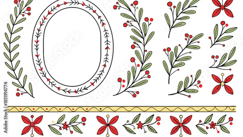Vibrant floral border with red flowers and green leaves design