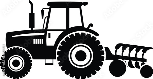 Black and white silhouette of a farm tractor pulling a multi-furrow plow, ready for agricultural work.