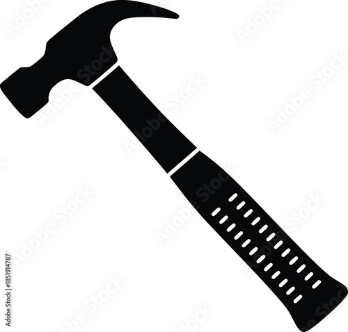 A black silhouette of a claw hammer with a textured handle, angled diagonally, representing a common hand tool.