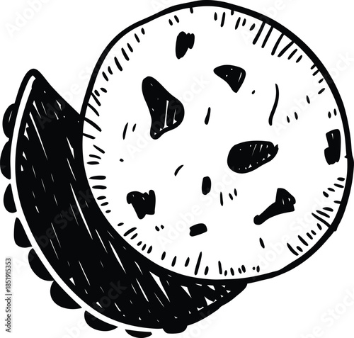 A hand-drawn black and white sketch of a taco with a round tortilla on top, showcasing a simple doodle style.