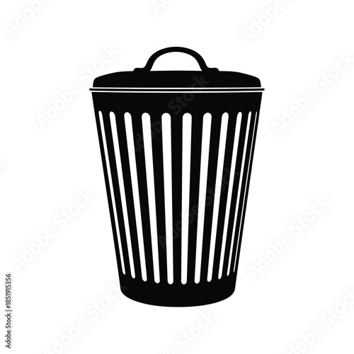a simple black and white illustration depicts a cylindrical trash can with a lid showing vertical lines and a minimalist design