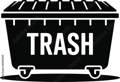Black and white graphic illustration of a large industrial trash dumpster with wheels and the word "TRASH" written on its side.