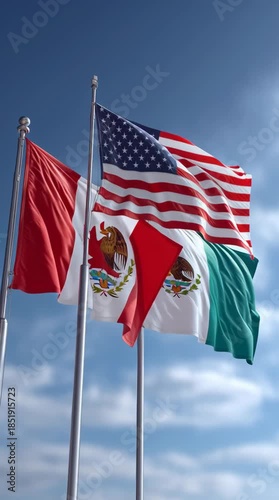 World Cup: A captivating image capturing the flags of three countries - Canada, Mexico, and the United States - fluttering proudly against a bright, cloud-dotted sky, symbolizing unity.
