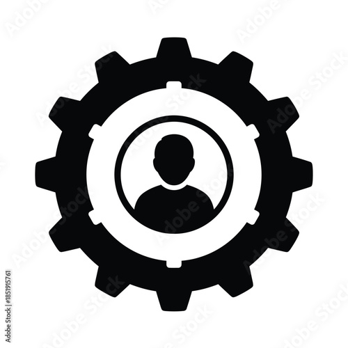 a black and white circular icon depicts a gear surrounding a silhouette of a person s head and shoulders high quality professional