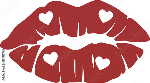 Red lipstick kiss mark illustration with white hearts