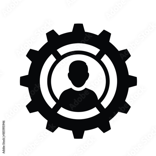 a black and white circular icon depicts a gear design with a human profile silhouette centered within its core high quality professional