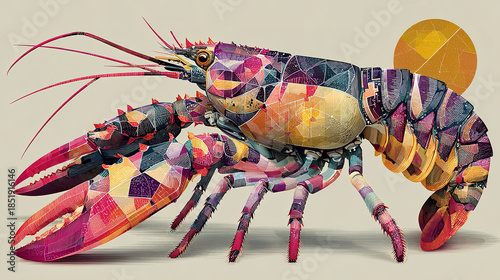 Artistic, colorful collage of a lobster made from geometric shapes and patterns.