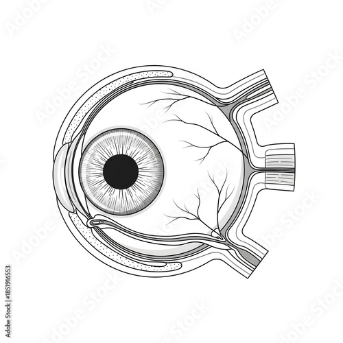Minimalist black and white medical illustration of human eye anatomy in transverse cross section, showing outer, middle, and inner eye layers with tear canal system, precise vector line art, smooth cu