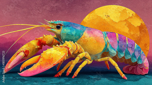 Vibrant, colorful digital illustration of a shrimp with a sunset background.