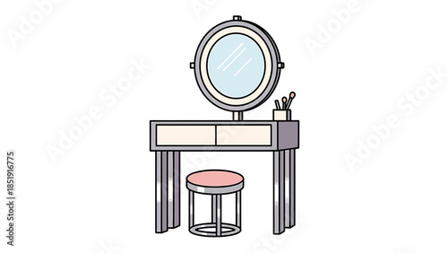 A simple line drawing of a dressing table with a mirror and stool in a minimalist setting