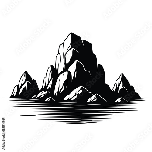 a striking black and white illustration depicts a mountainous island scene with rugged peaks and calm waters high quality professional detailed modern