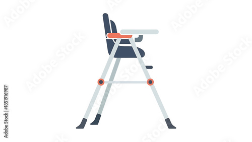 Illustration of a baby high chair with grey, navy, and orange accents viewed from the side