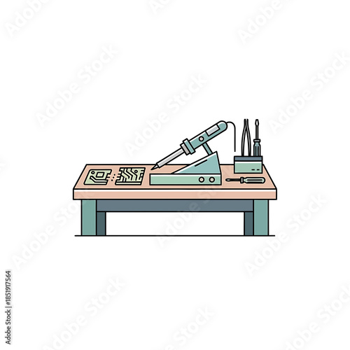 Soldering Iron on Workbench with Electronics Components and Tools