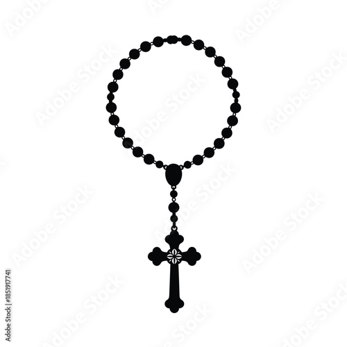 a simple black and white illustration depicts a rosary with circular beads and a christian cross pendant hanging below it high quality