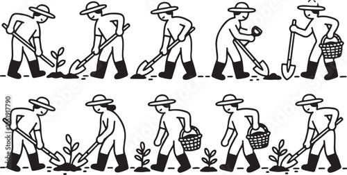 Country people lowered in line for projects gardeners florists farmers flower growers and editable line drawings