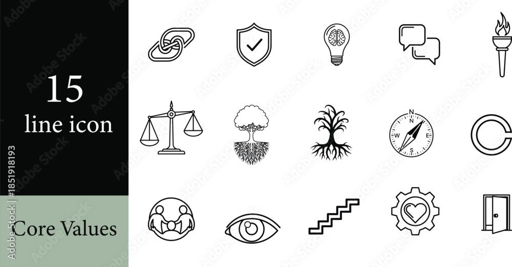 Fototapeta premium Set of fifteen line icons representing core values and business ethics isolated on a white background for website or user interface design.