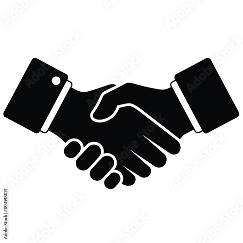a simple black and white illustration depicts two hands firmly clasped together in a handshake gesture signifying agreement high quality professional detailed