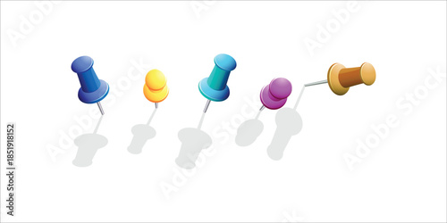 Collection of push pins and thumbtacks top view, realistic 3d vector set showing office note attachment tools in different angles, isolated stationery illustration