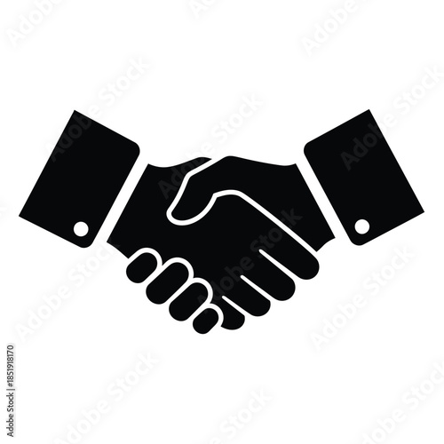 a simple black and white graphic illustration depicts two hands shaking in a gesture of agreement and partnership high quality professional detailed