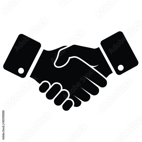 a simple black and white graphic illustration depicts two hands firmly engaged in a handshake symbolizing agreement and partnership high quality professional