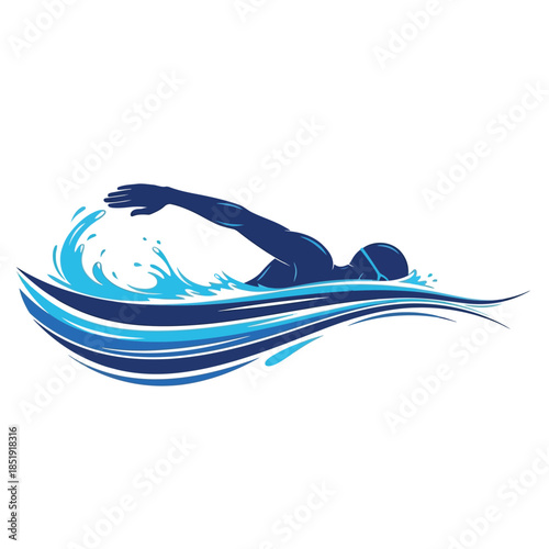 a dynamic illustration depicts a swimmer in motion slicing through vibrant blue waves with power and grace symbolizing aquatic sport high quality