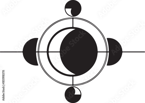 Celestial Symbol with Moon Phases and Crosshairs crescent moon