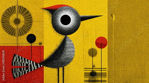 Abstract geometric bird illustration with bold colors and shapes.