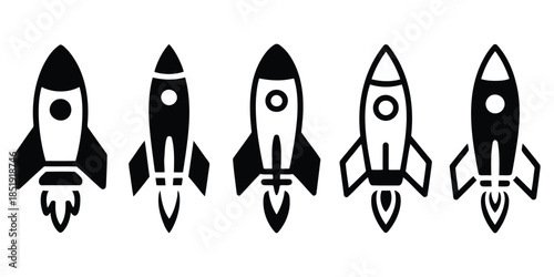 collection of black rocket ship icons on white background vector