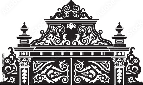 Ornate black and white decorative gate or architectural element Keywords: ornate, decorative
