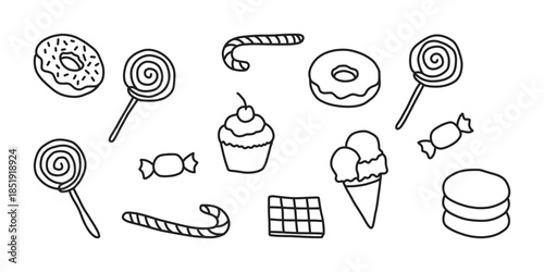 Hand Drawn Candy and Dessert Doodle Icon Set. Sweet Food Icons. Donut, Candy, Ice Cream, Cupcake