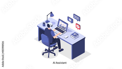 Businessman working with AI assistant on laptop at modern office desk