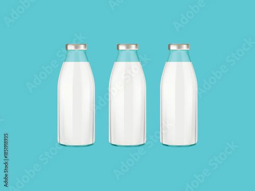 Realistic transparent glass milk bottle isolated on background, detailed vector illustration ideal for packaging, beverages, dairy, eco design, food branding and product mockup