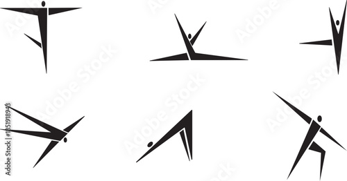 Six abstract black figures in dynamic poses on white background