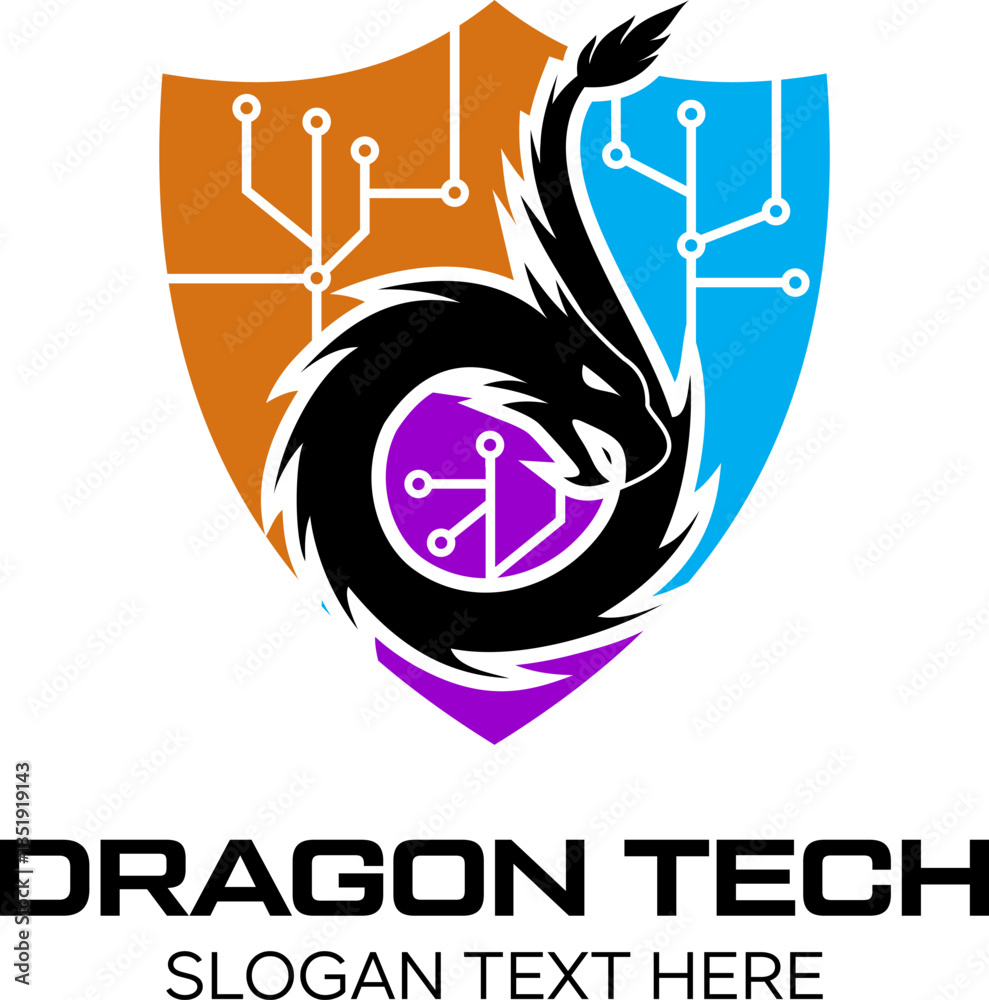 Fotografie shield dragon tech idea logo design